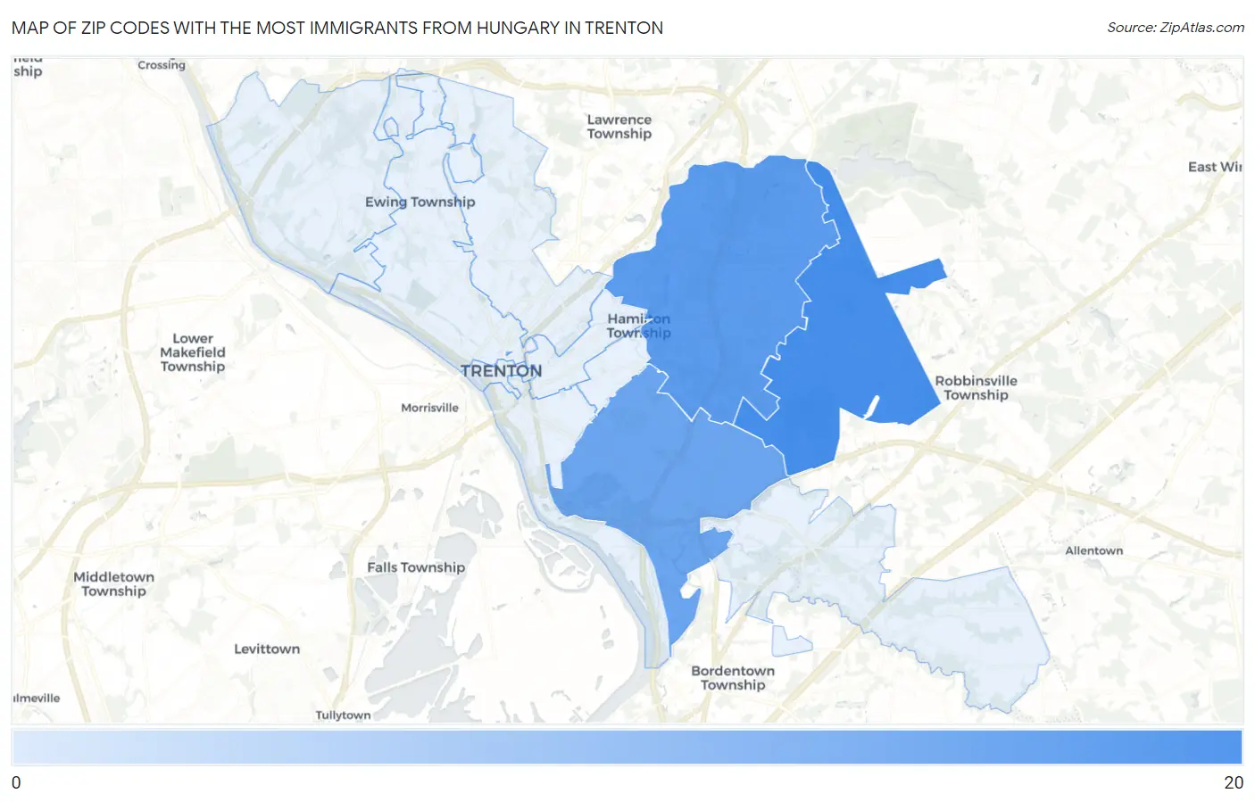 Zip Codes with the Most Immigrants from Hungary in Trenton Map