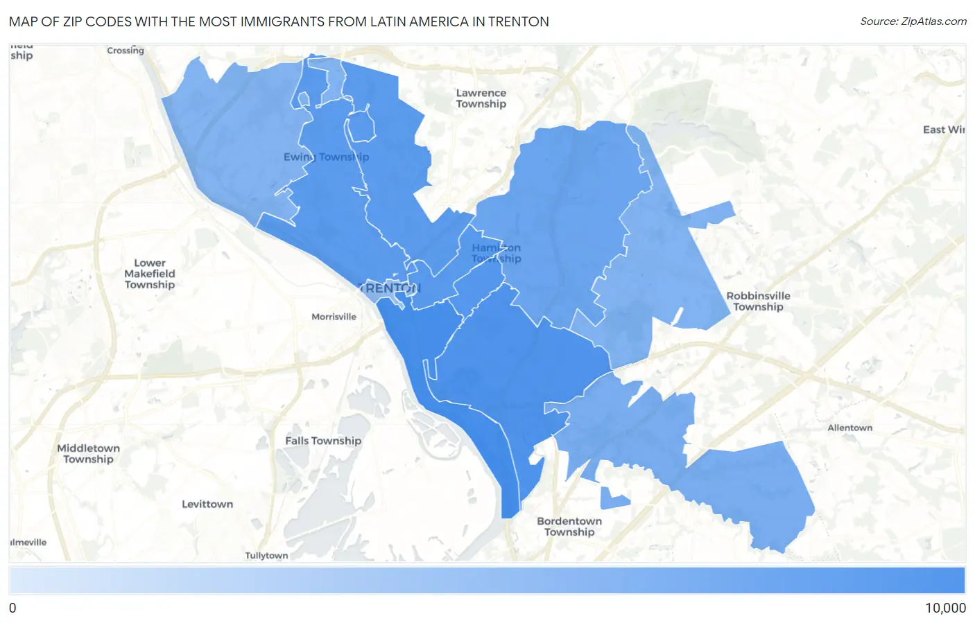 Zip Codes with the Most Immigrants from Latin America in Trenton Map