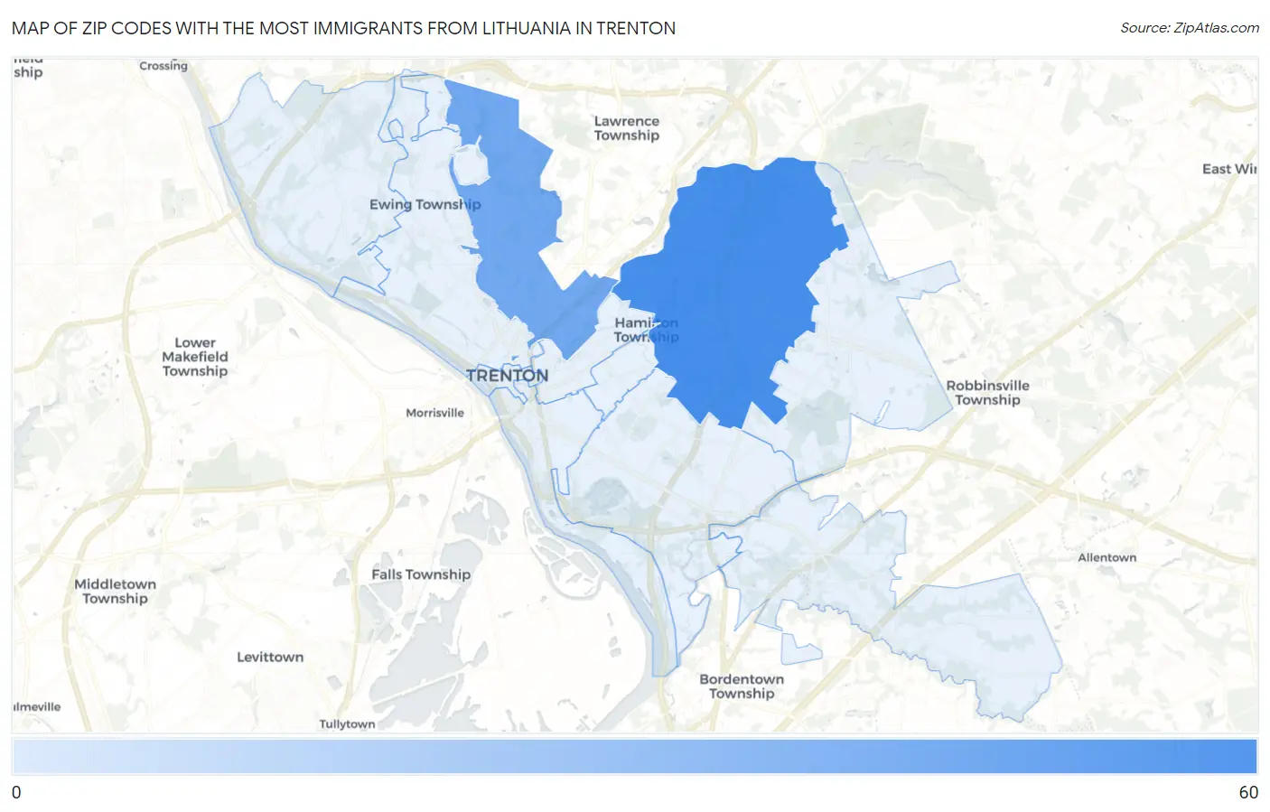 Zip Codes with the Most Immigrants from Lithuania in Trenton Map