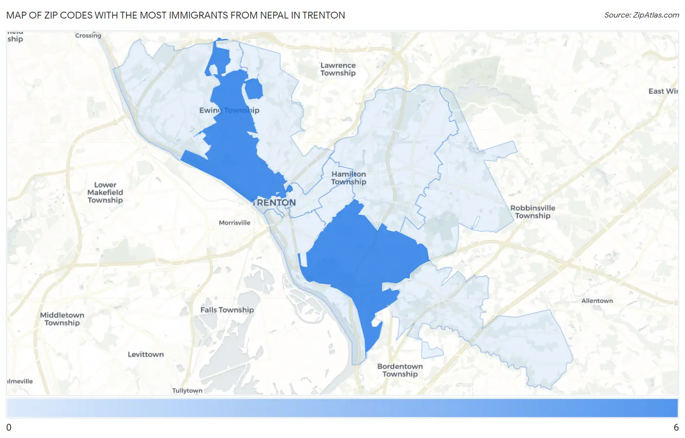 Zip Codes with the Most Immigrants from Nepal in Trenton Map