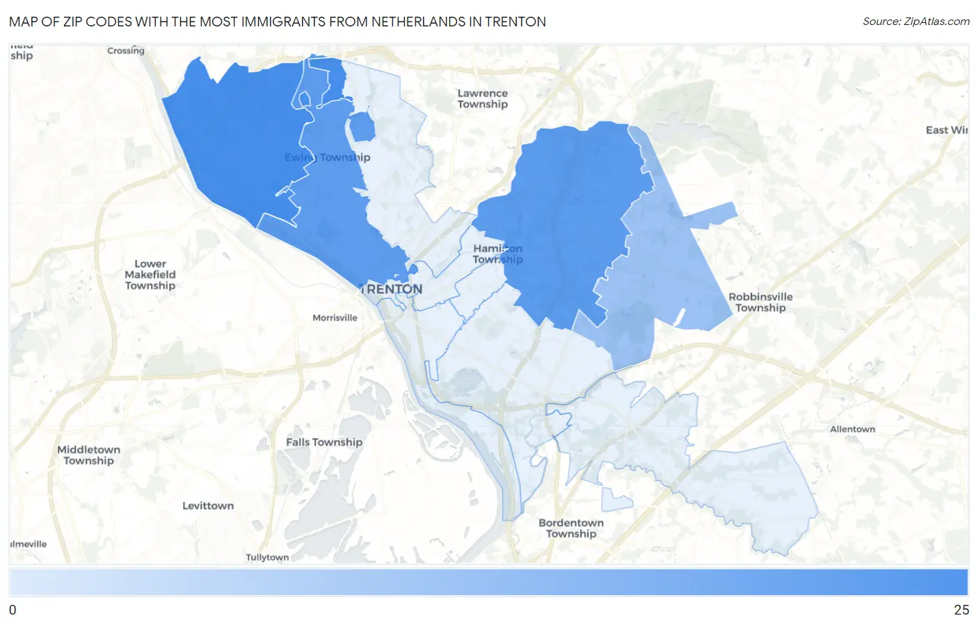 Zip Codes with the Most Immigrants from Netherlands in Trenton Map