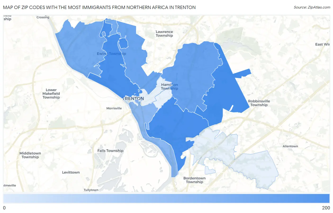 Zip Codes with the Most Immigrants from Northern Africa in Trenton Map