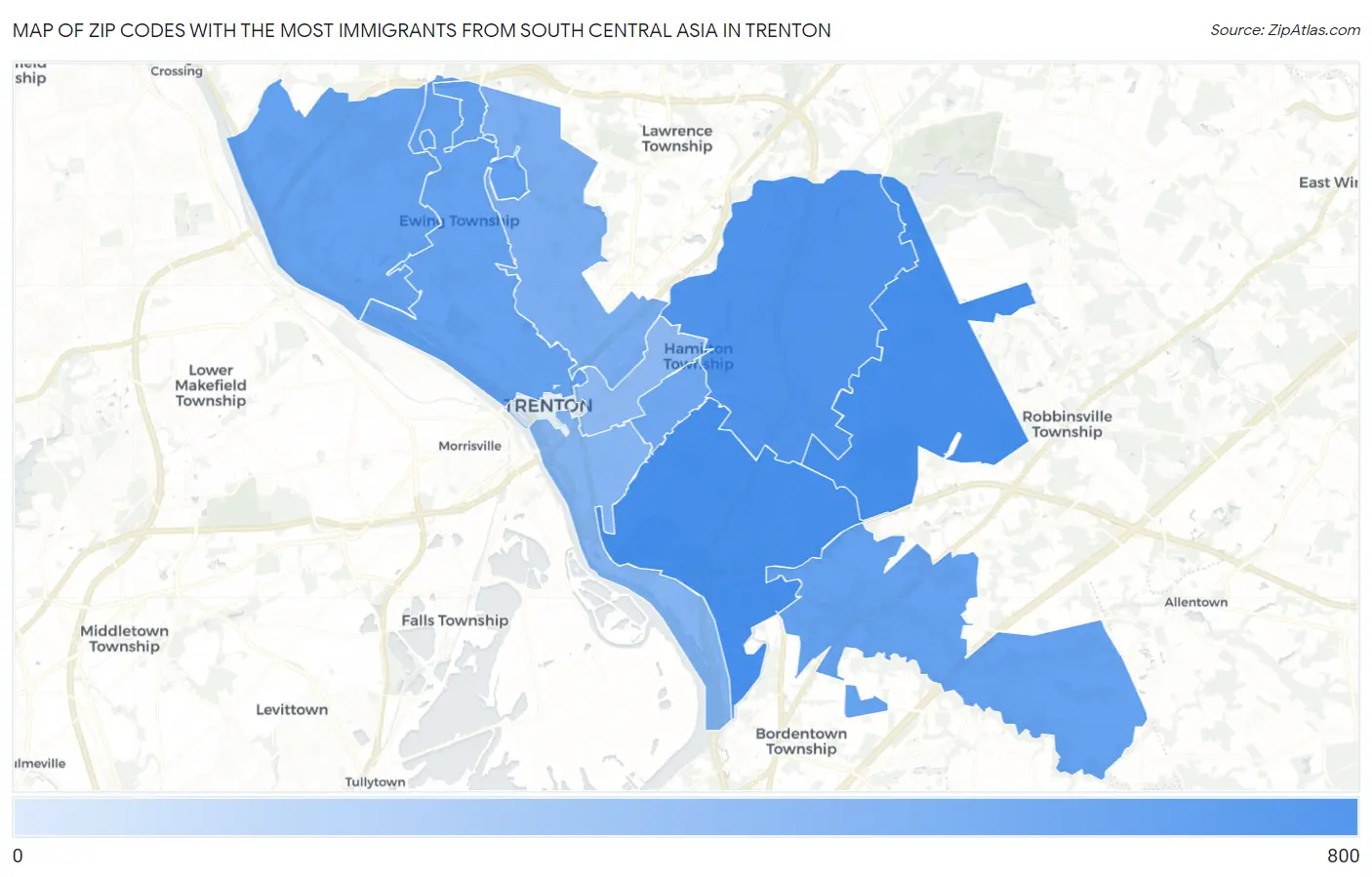 Zip Codes with the Most Immigrants from South Central Asia in Trenton Map