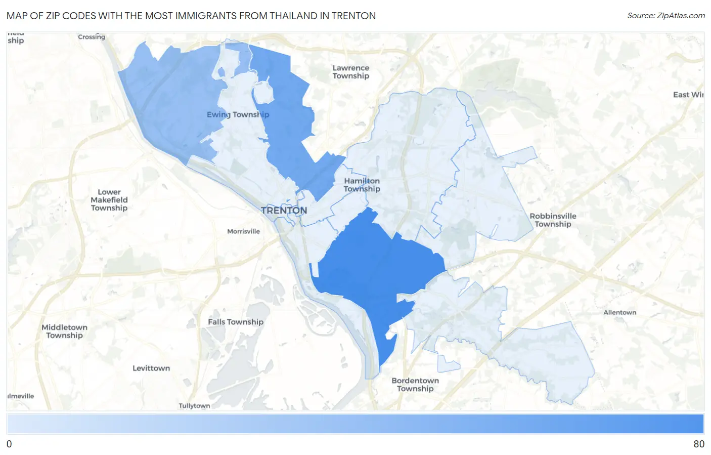 Zip Codes with the Most Immigrants from Thailand in Trenton Map