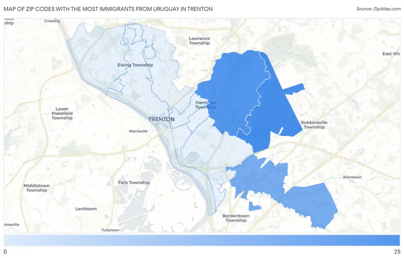 Zip Codes with the Most Immigrants from Uruguay in Trenton Map