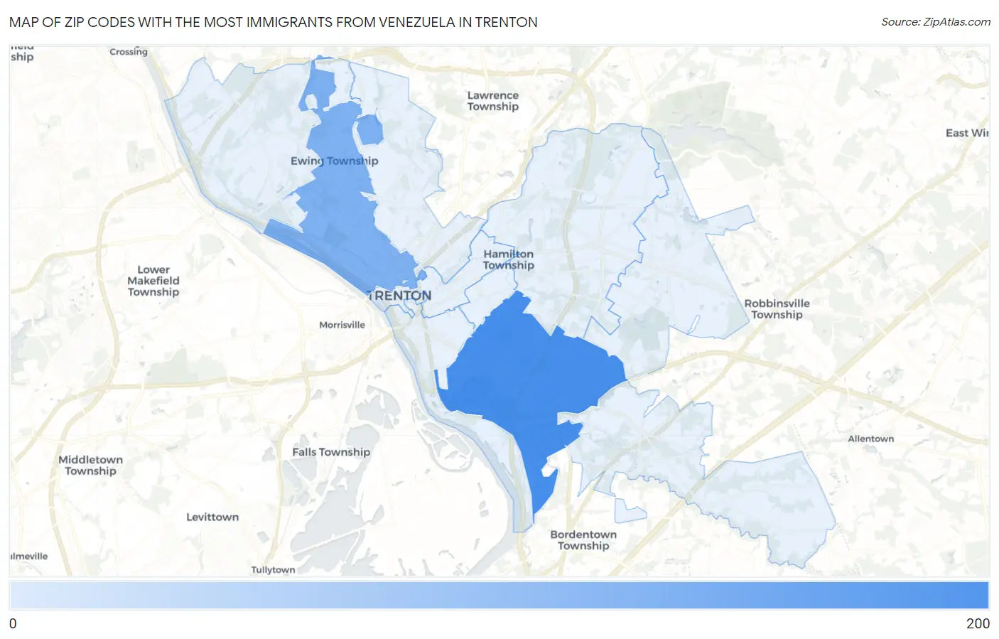 Zip Codes with the Most Immigrants from Venezuela in Trenton Map