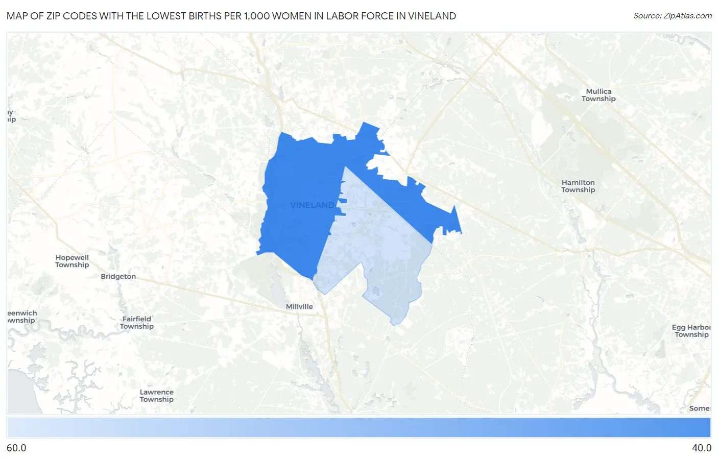 Zip Codes with the Lowest Births per 1,000 Women in Labor Force in Vineland Map