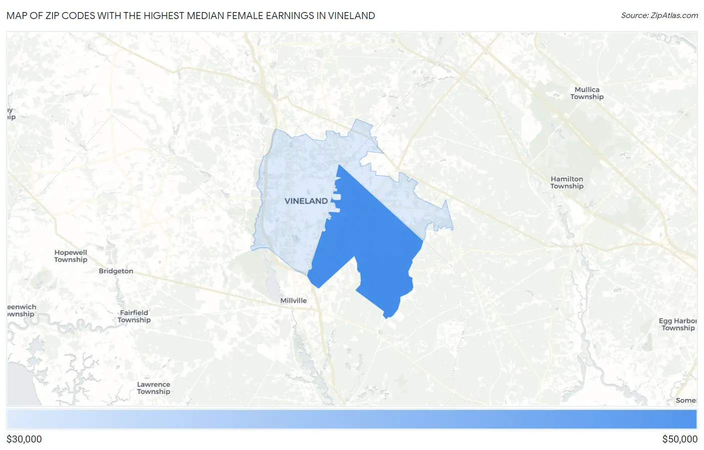 Zip Codes with the Highest Median Female Earnings in Vineland Map