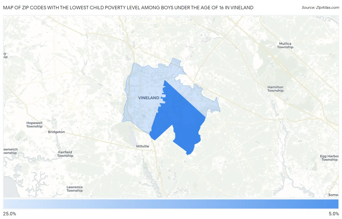Zip Codes with the Lowest Child Poverty Level Among Boys Under the Age of 16 in Vineland Map