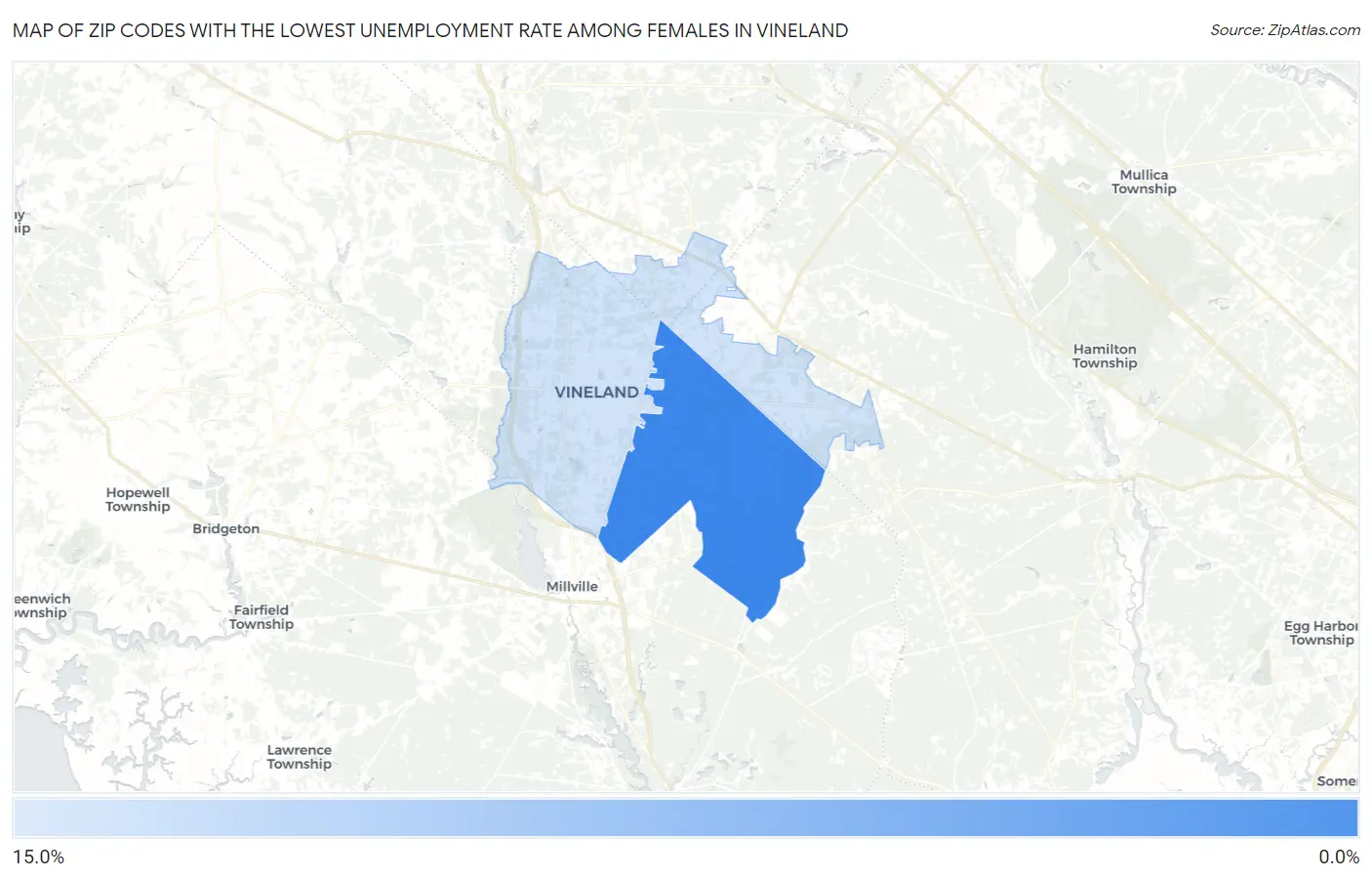 Zip Codes with the Lowest Unemployment Rate Among Females in Vineland Map