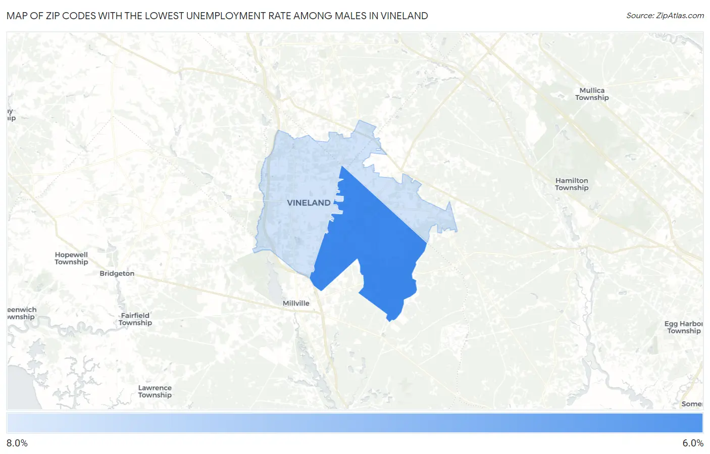 Zip Codes with the Lowest Unemployment Rate Among Males in Vineland Map
