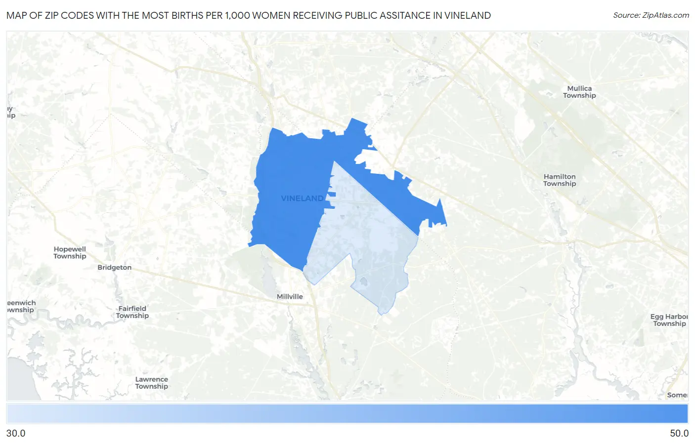 Zip Codes with the Most Births per 1,000 Women Receiving Public Assitance in Vineland Map