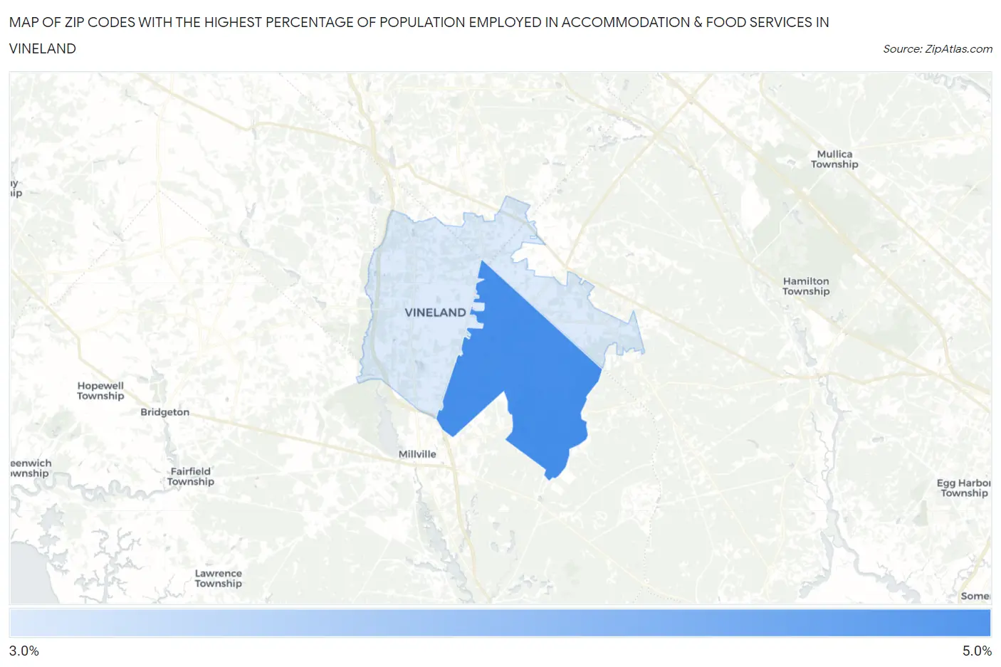 Zip Codes with the Highest Percentage of Population Employed in Accommodation & Food Services in Vineland Map