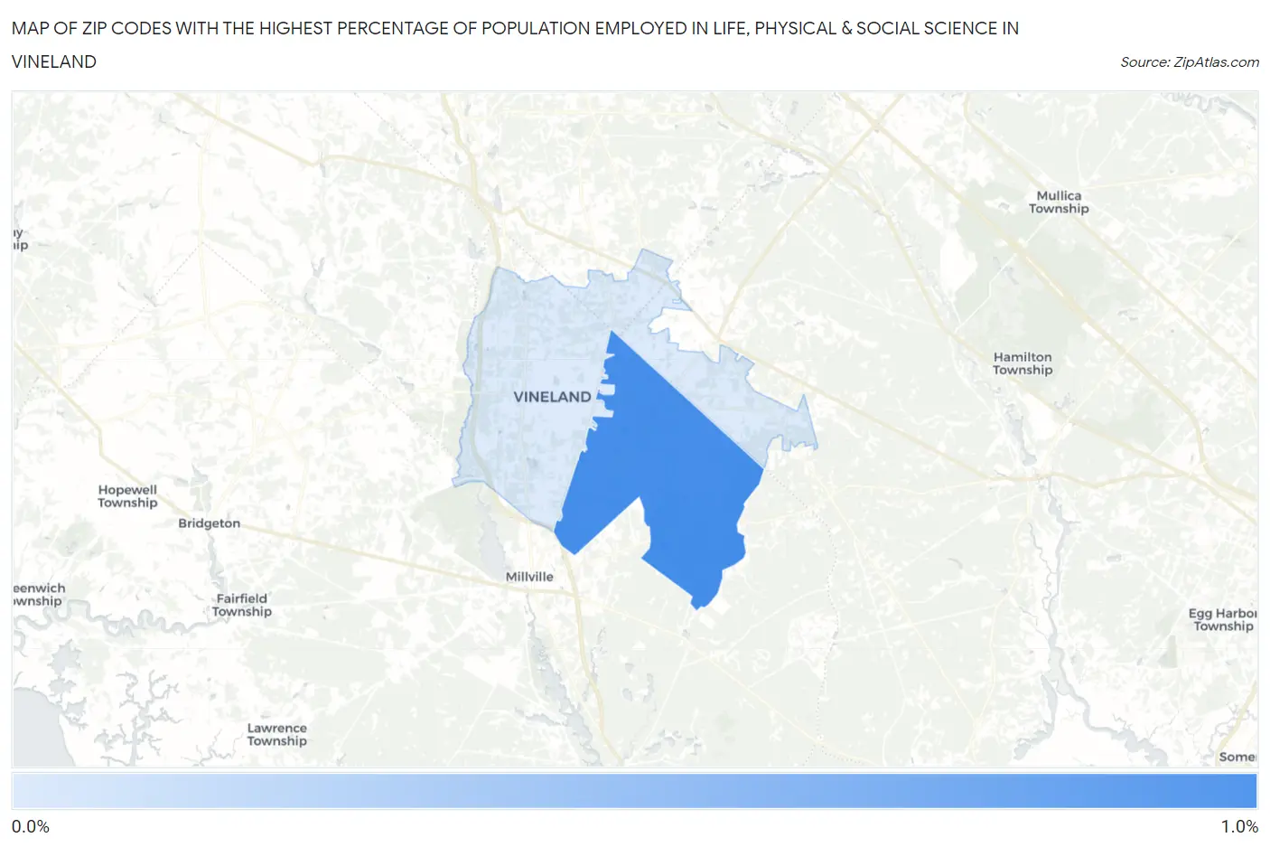 Zip Codes with the Highest Percentage of Population Employed in Life, Physical & Social Science in Vineland Map