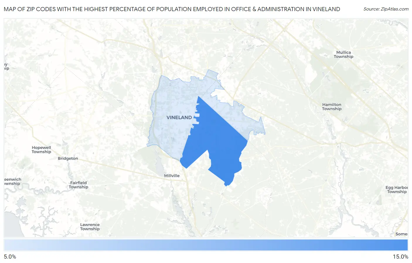 Zip Codes with the Highest Percentage of Population Employed in Office & Administration in Vineland Map