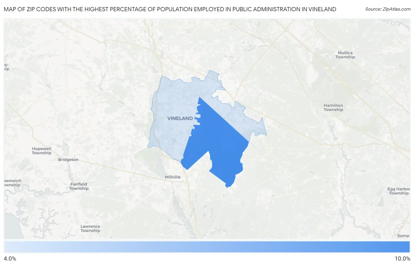 Zip Codes with the Highest Percentage of Population Employed in Public Administration in Vineland Map