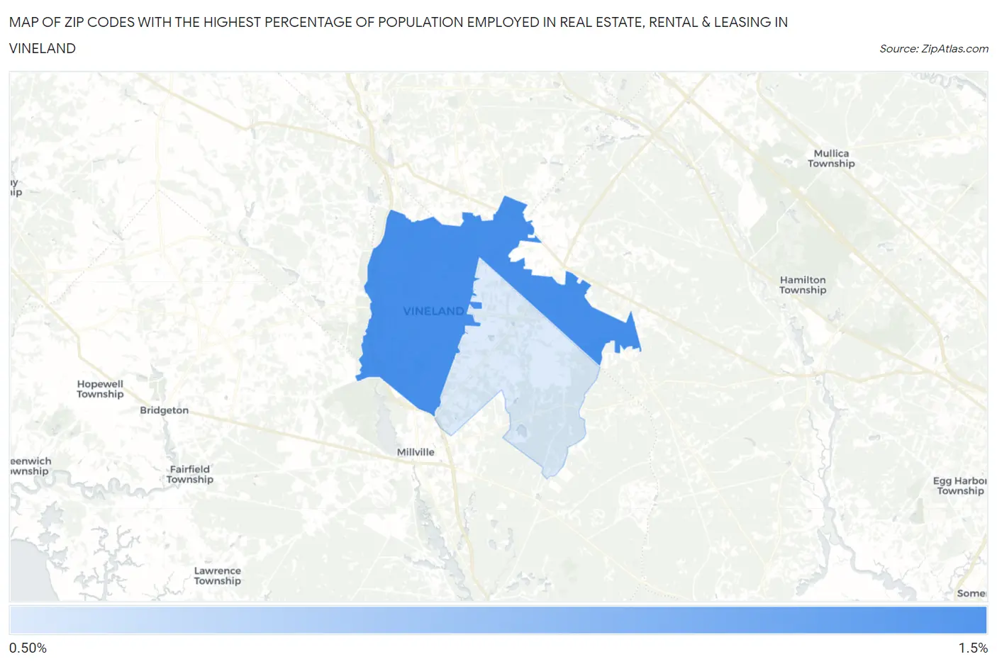 Zip Codes with the Highest Percentage of Population Employed in Real Estate, Rental & Leasing in Vineland Map