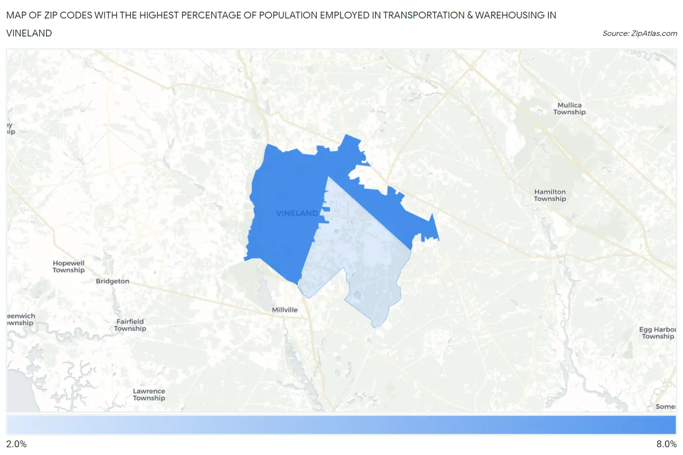 Zip Codes with the Highest Percentage of Population Employed in Transportation & Warehousing in Vineland Map