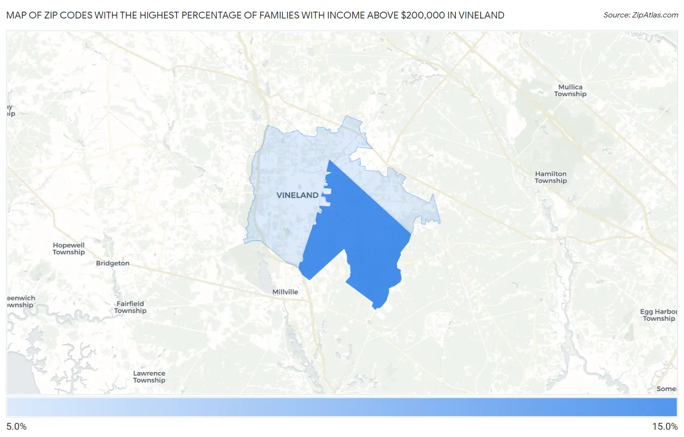 Zip Codes with the Highest Percentage of Families with Income Above $200,000 in Vineland Map