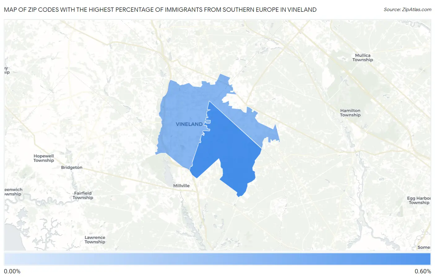 Zip Codes with the Highest Percentage of Immigrants from Southern Europe in Vineland Map