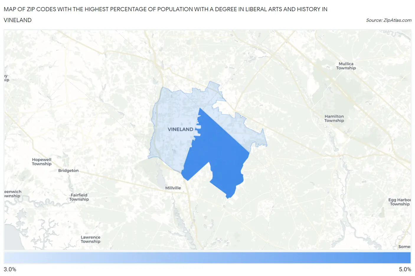 Zip Codes with the Highest Percentage of Population with a Degree in Liberal Arts and History in Vineland Map