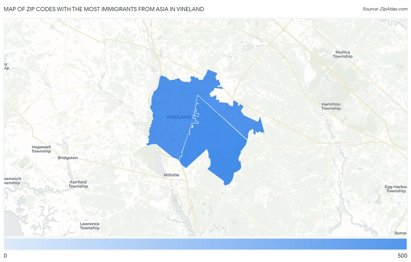 Zip Codes with the Most Immigrants from Asia in Vineland Map