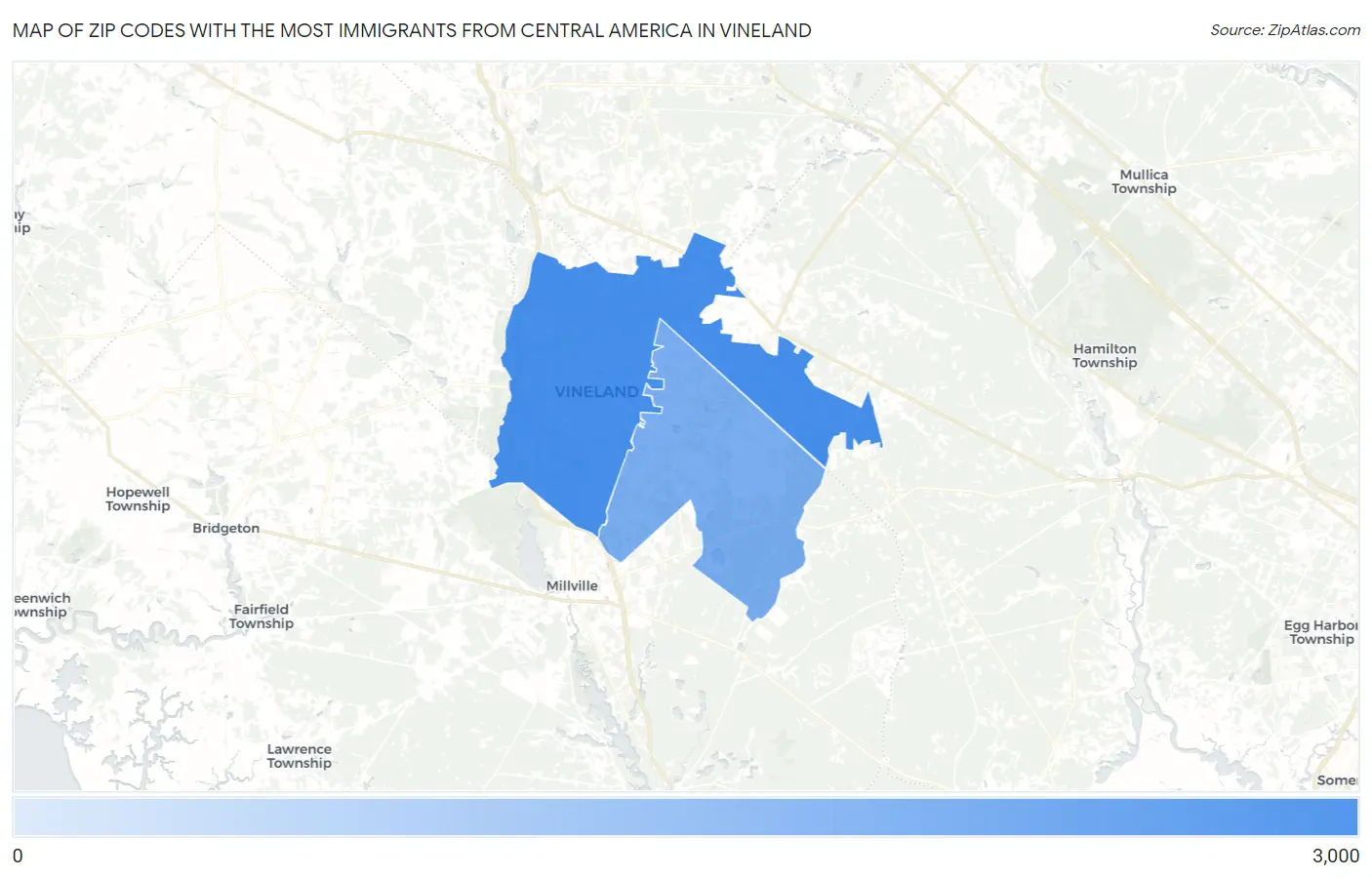 Zip Codes with the Most Immigrants from Central America in Vineland Map