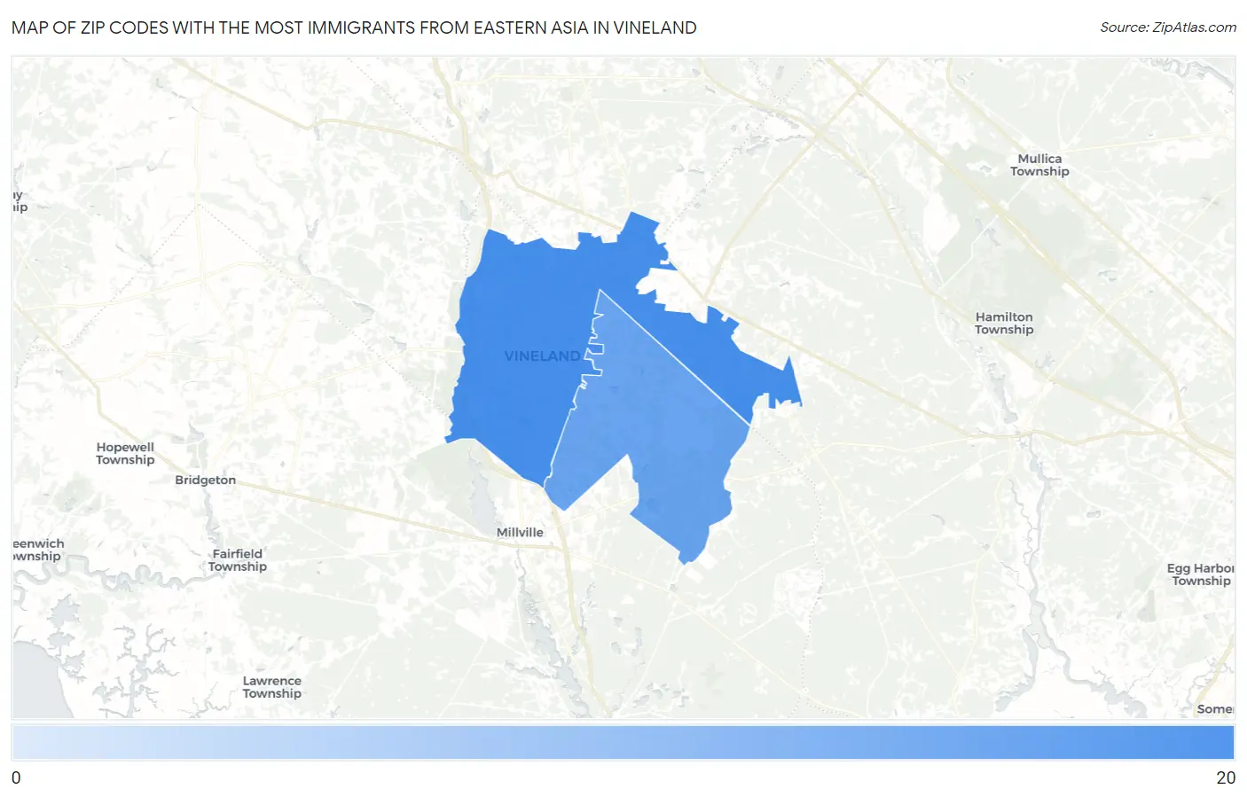 Zip Codes with the Most Immigrants from Eastern Asia in Vineland Map
