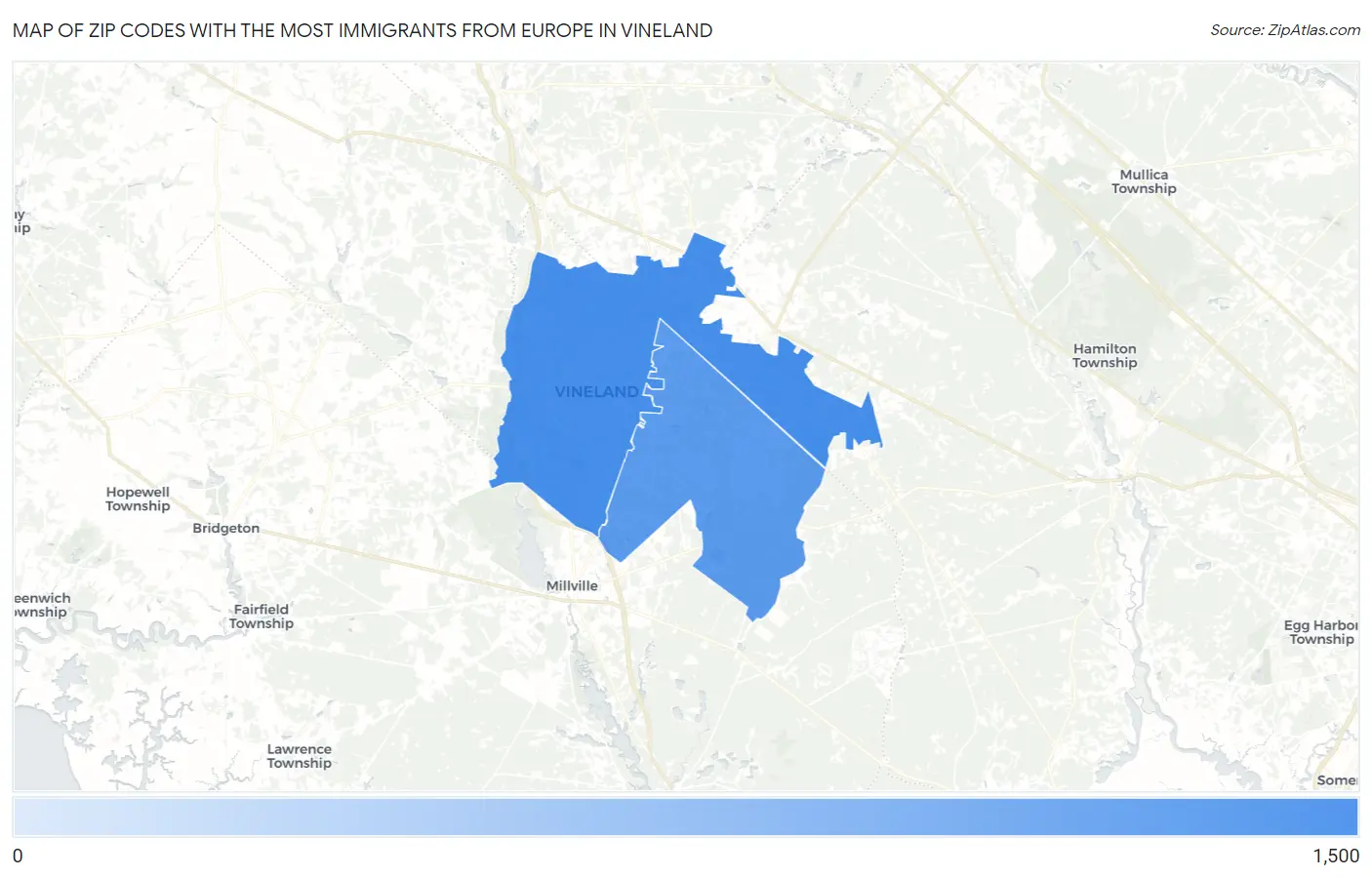 Zip Codes with the Most Immigrants from Europe in Vineland Map
