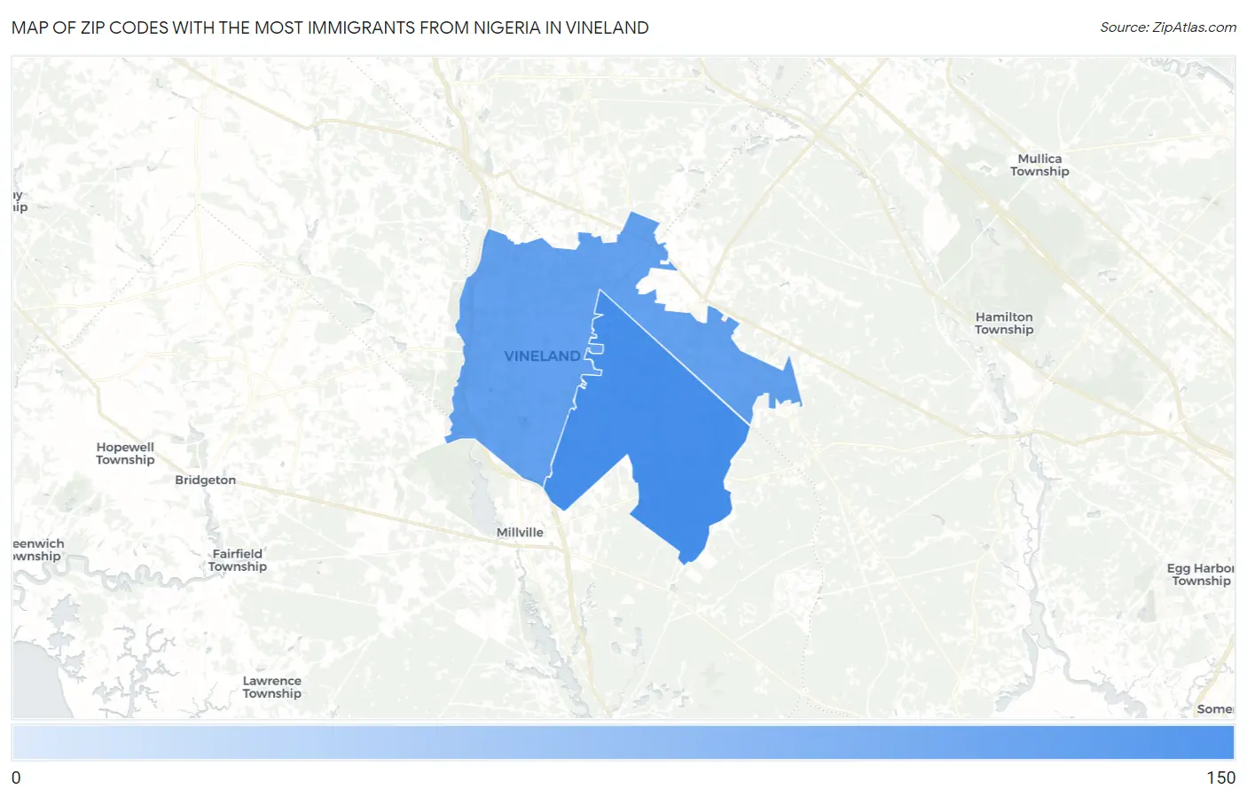 Zip Codes with the Most Immigrants from Nigeria in Vineland Map