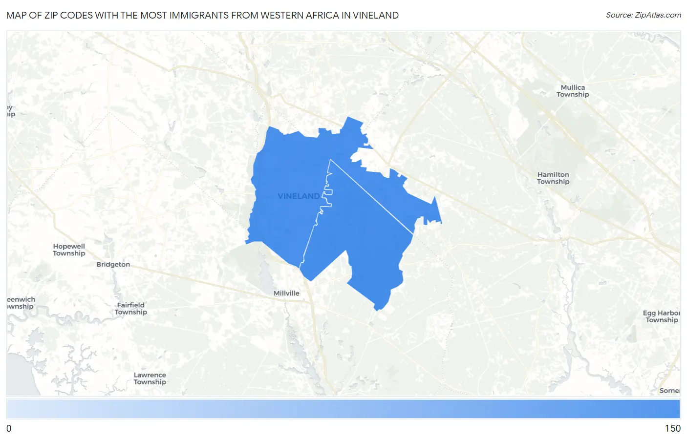 Zip Codes with the Most Immigrants from Western Africa in Vineland Map