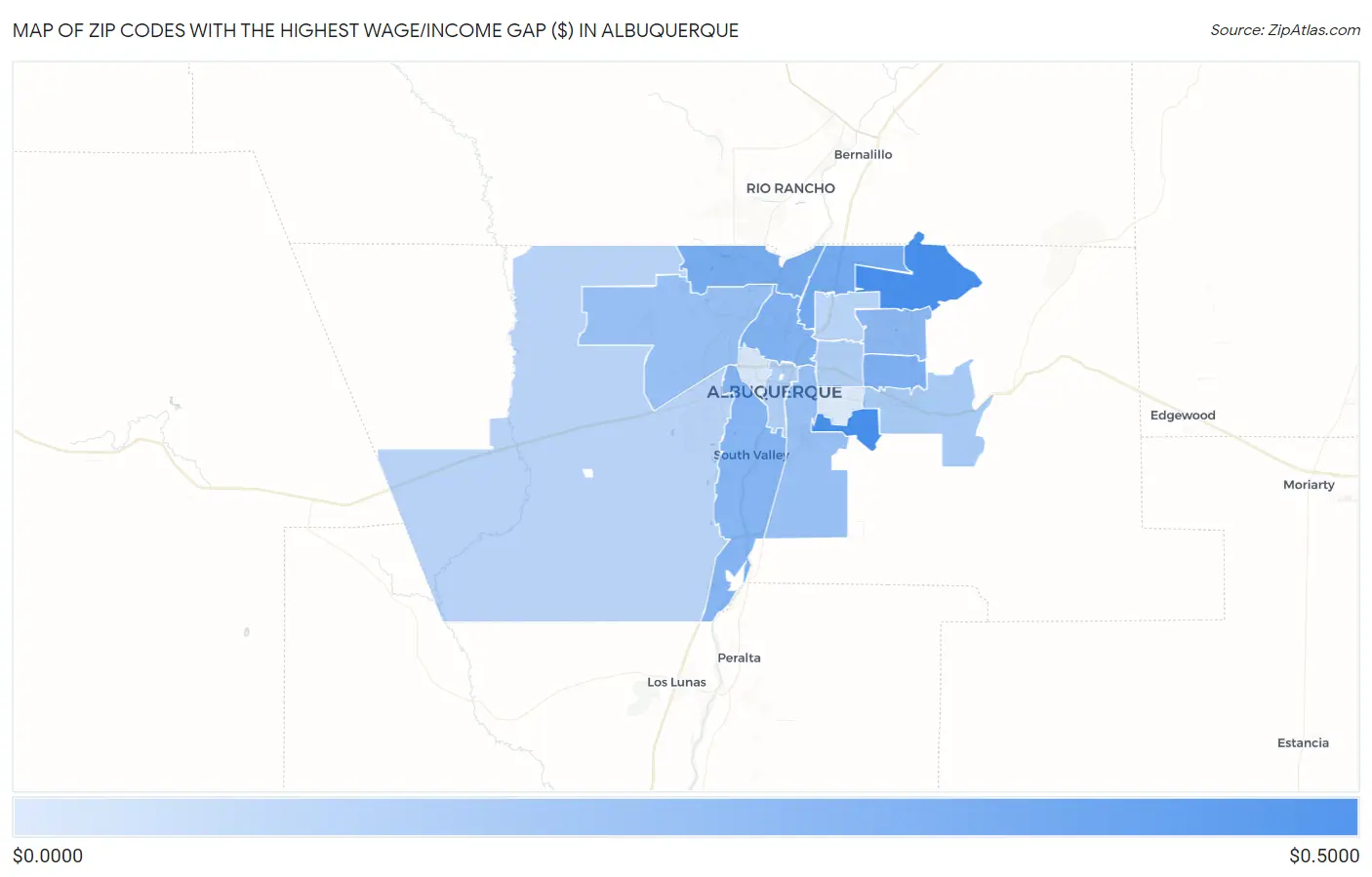 Zip Codes with the Highest Wage/Income Gap ($) in Albuquerque Map
