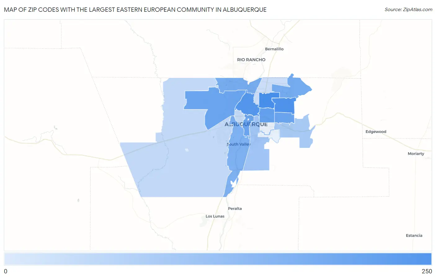 Zip Codes with the Largest Eastern European Community in Albuquerque Map