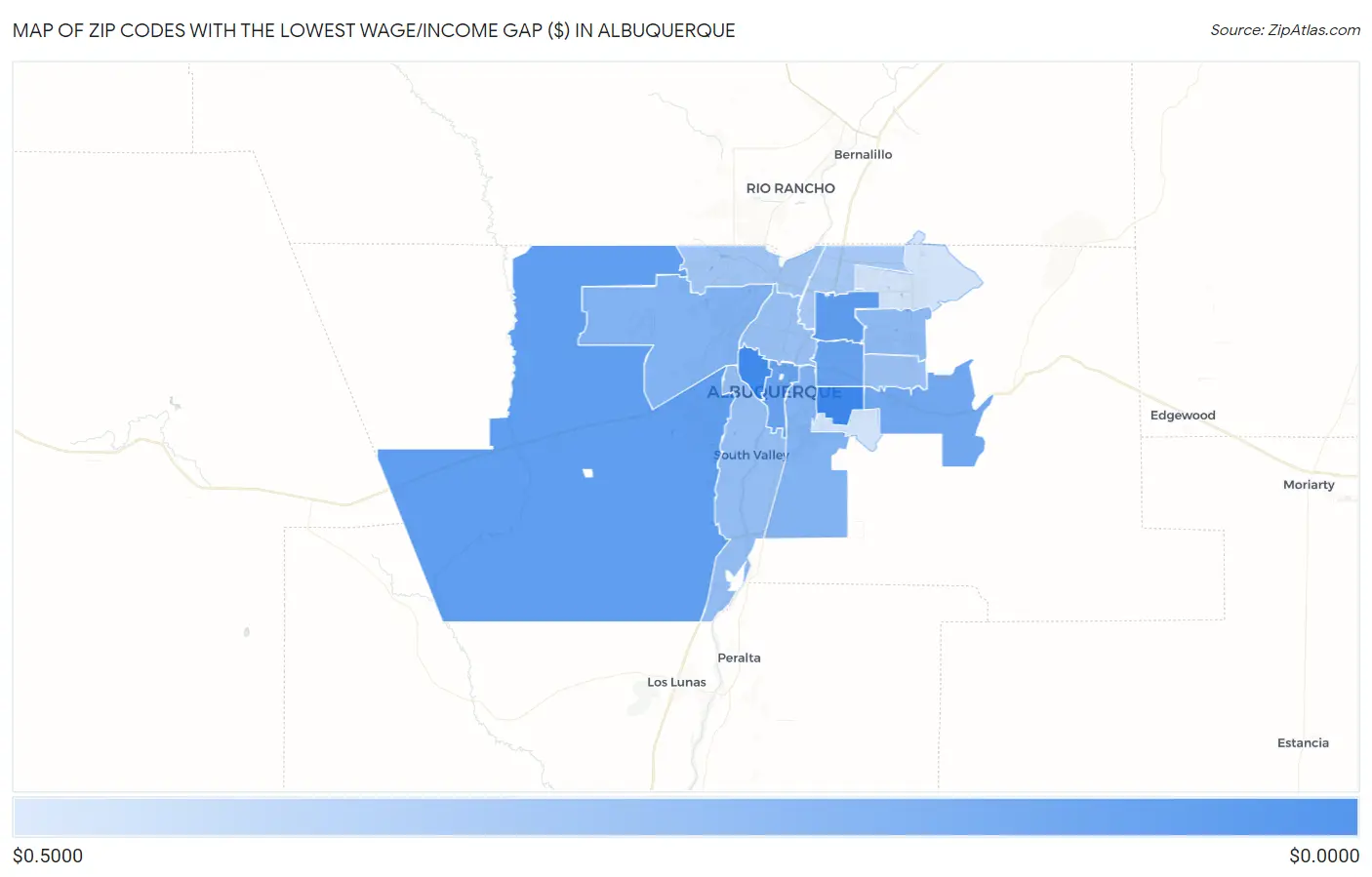 Zip Codes with the Lowest Wage/Income Gap ($) in Albuquerque Map