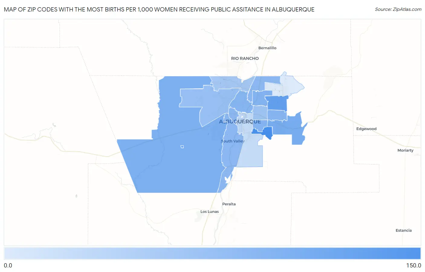 Zip Codes with the Most Births per 1,000 Women Receiving Public Assitance in Albuquerque Map