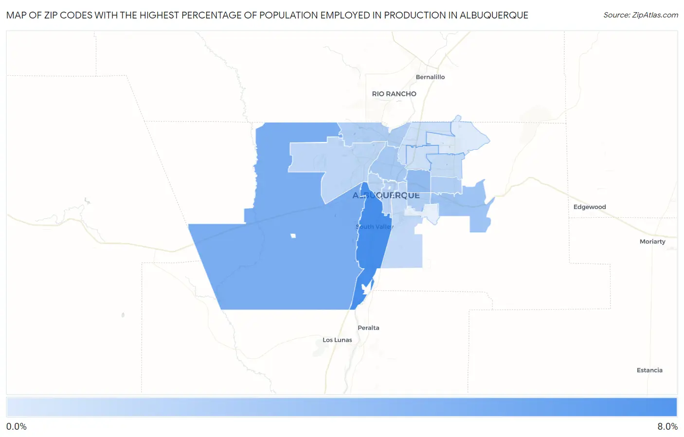 Zip Codes with the Highest Percentage of Population Employed in Production in Albuquerque Map