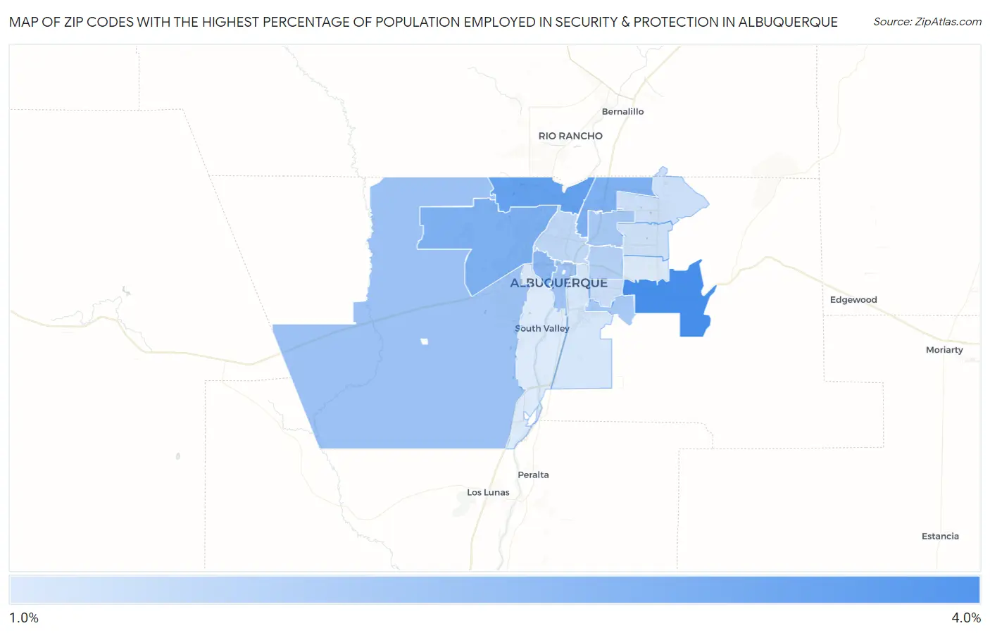 Zip Codes with the Highest Percentage of Population Employed in Security & Protection in Albuquerque Map