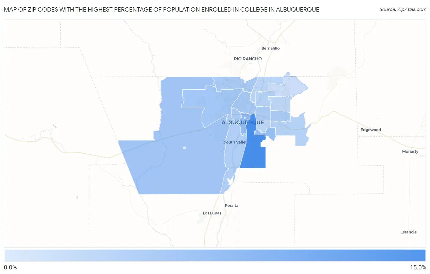 Zip Codes with the Highest Percentage of Population Enrolled in College in Albuquerque Map