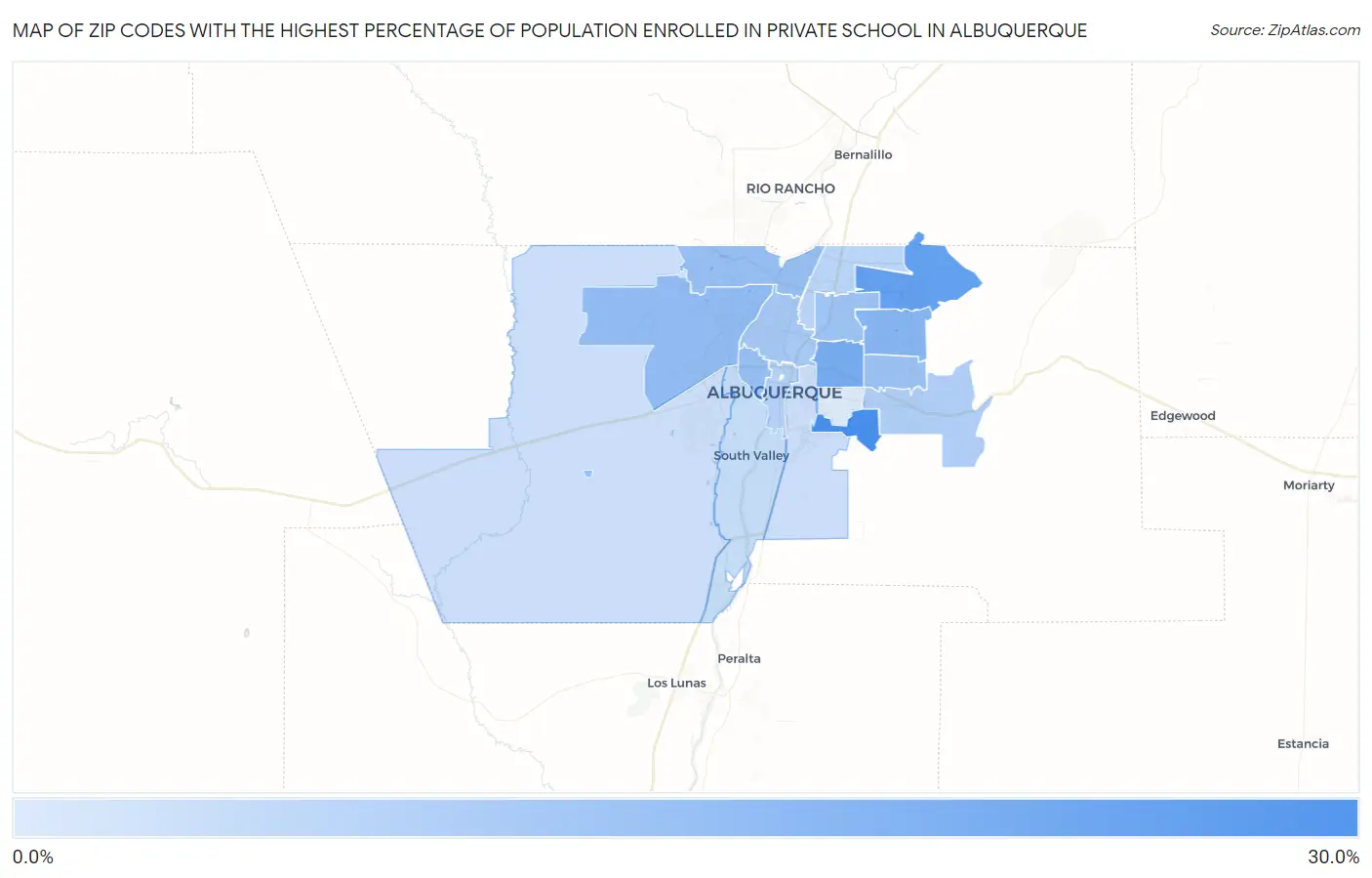 Zip Codes with the Highest Percentage of Population Enrolled in Private School in Albuquerque Map