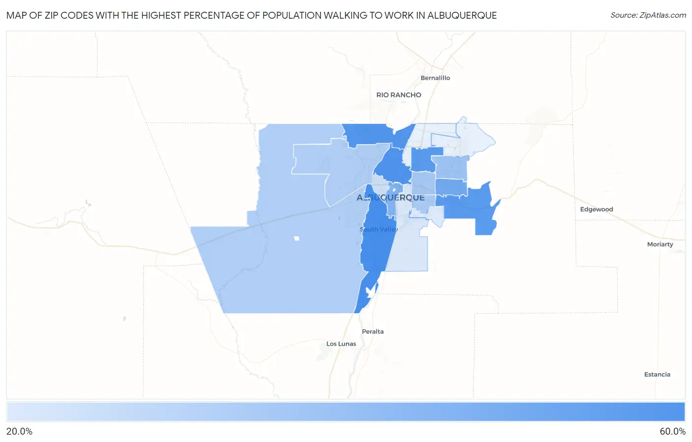 Zip Codes with the Highest Percentage of Population Walking to Work in Albuquerque Map