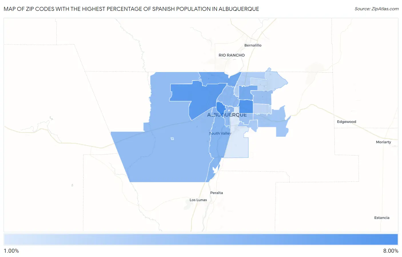 Zip Codes with the Highest Percentage of Spanish Population in Albuquerque Map