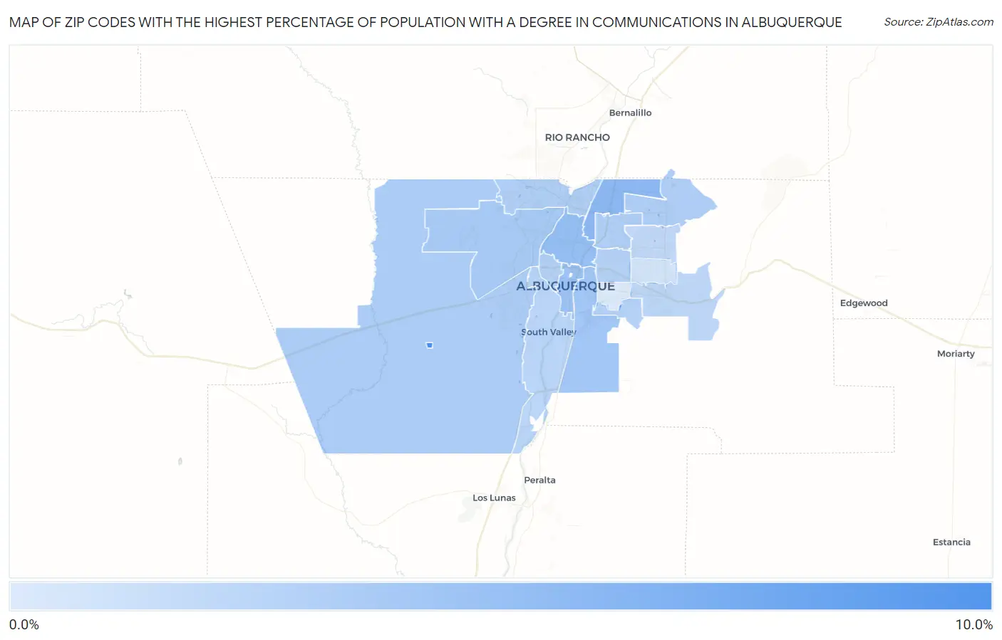 Zip Codes with the Highest Percentage of Population with a Degree in Communications in Albuquerque Map