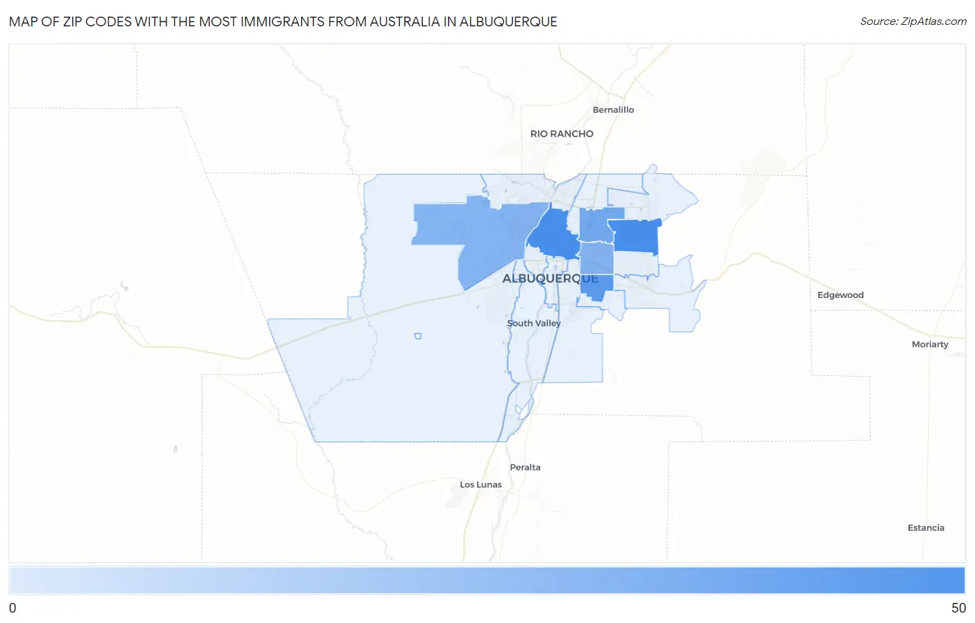 Zip Codes with the Most Immigrants from Australia in Albuquerque Map