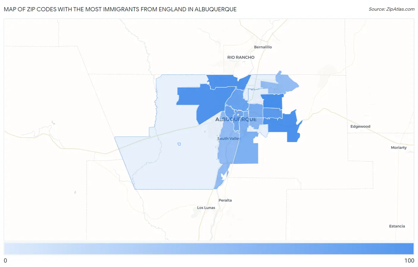 Zip Codes with the Most Immigrants from England in Albuquerque Map
