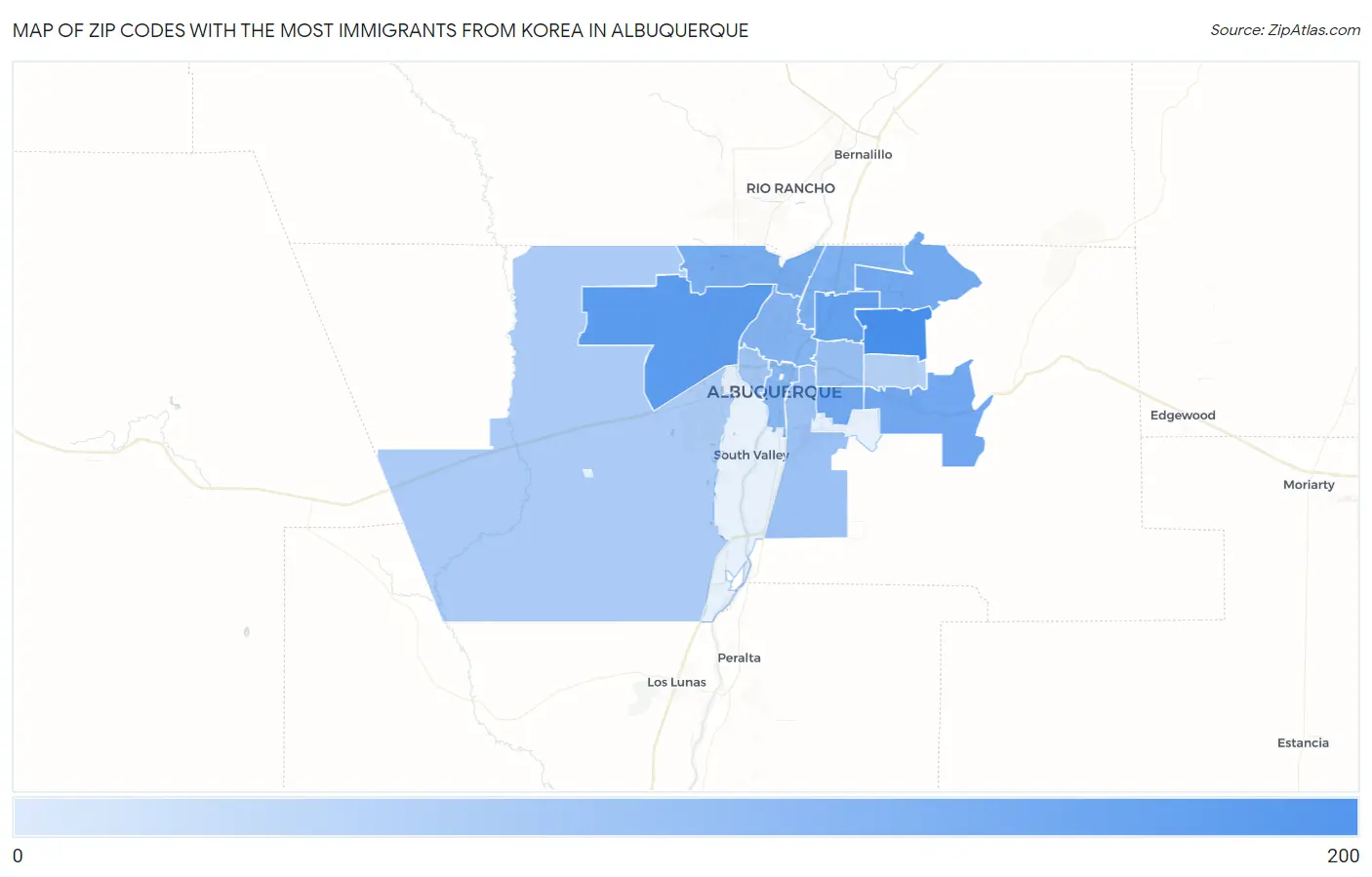 Zip Codes with the Most Immigrants from Korea in Albuquerque Map