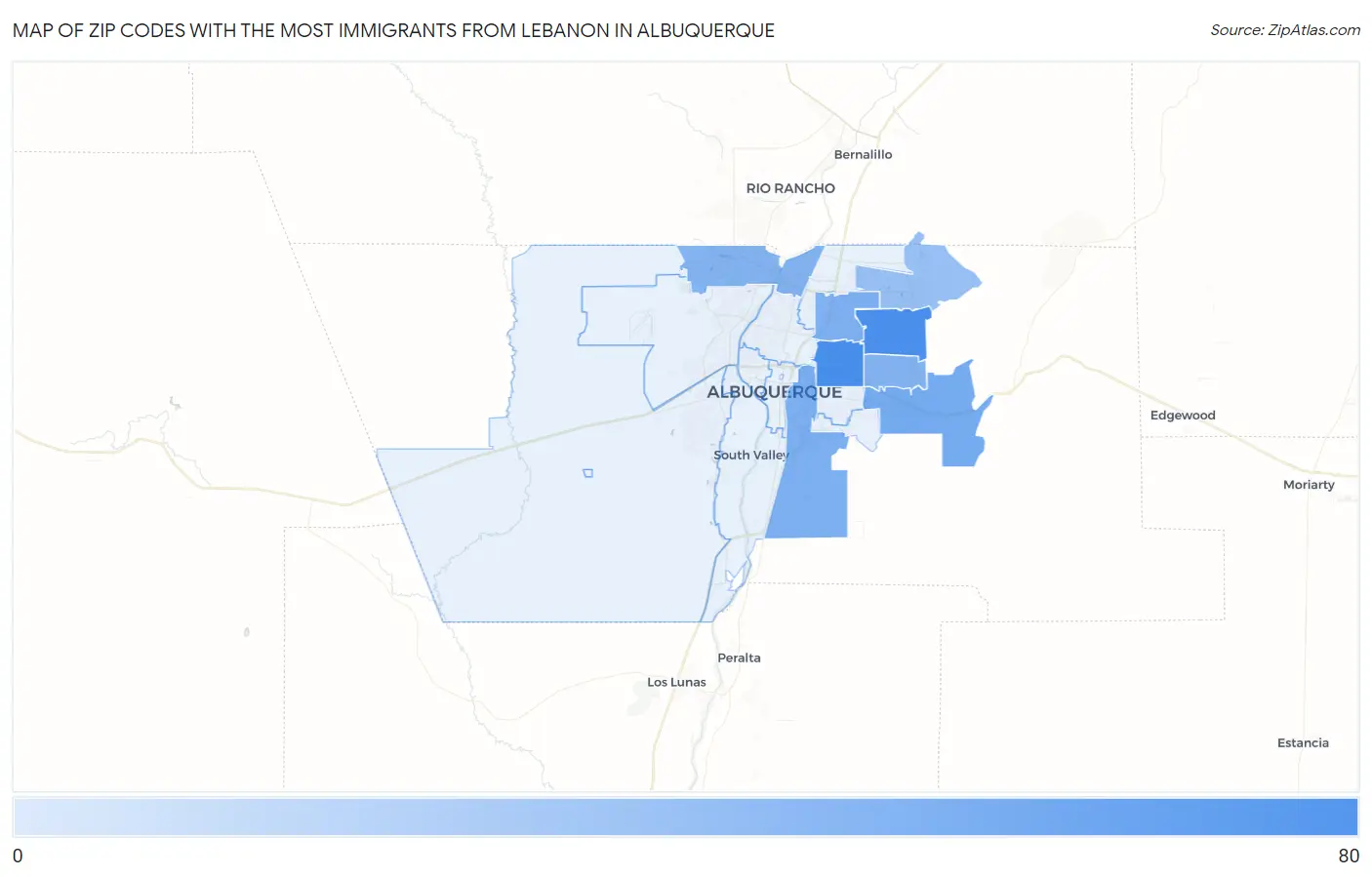 Zip Codes with the Most Immigrants from Lebanon in Albuquerque Map