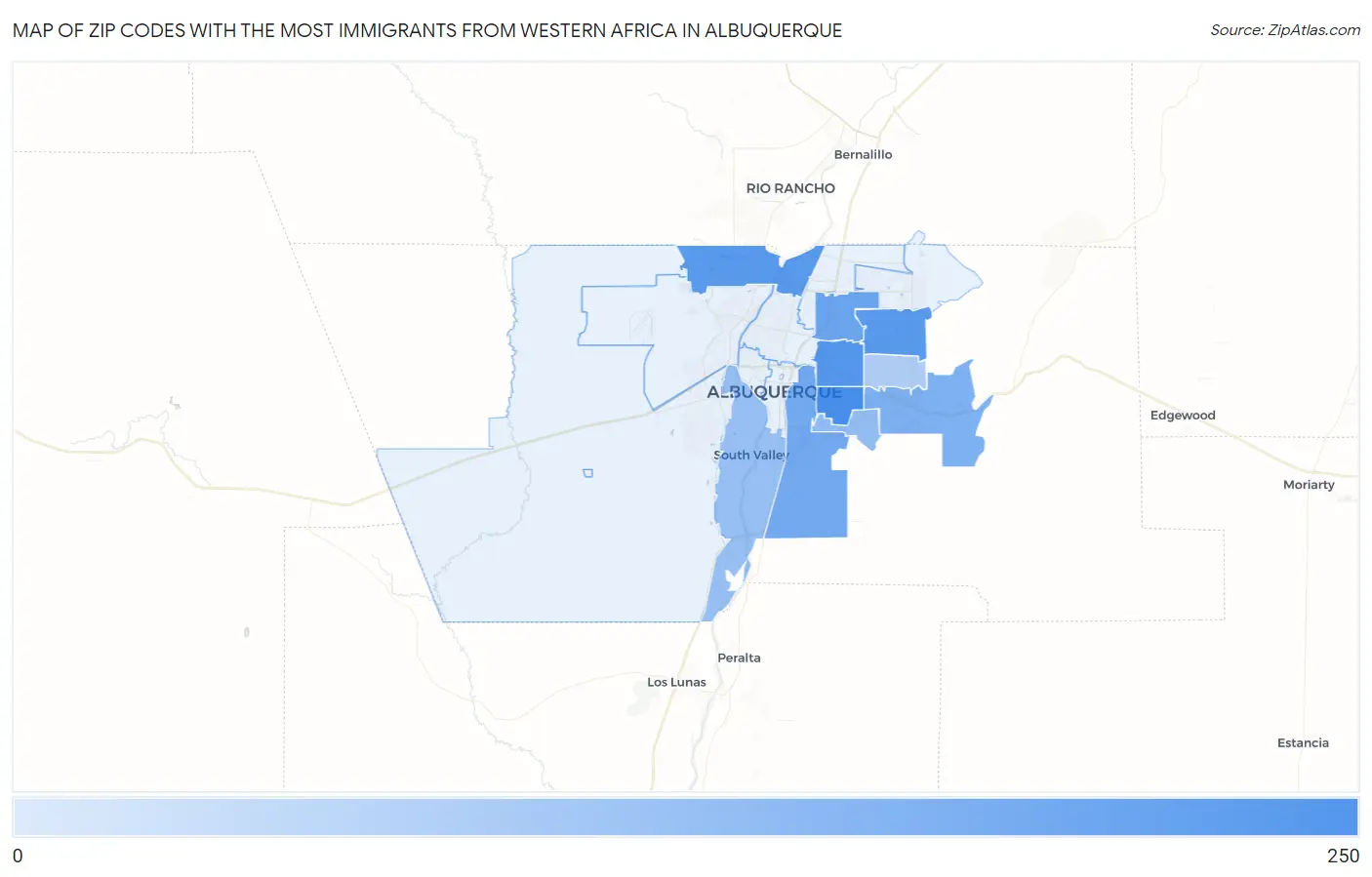 Zip Codes with the Most Immigrants from Western Africa in Albuquerque Map