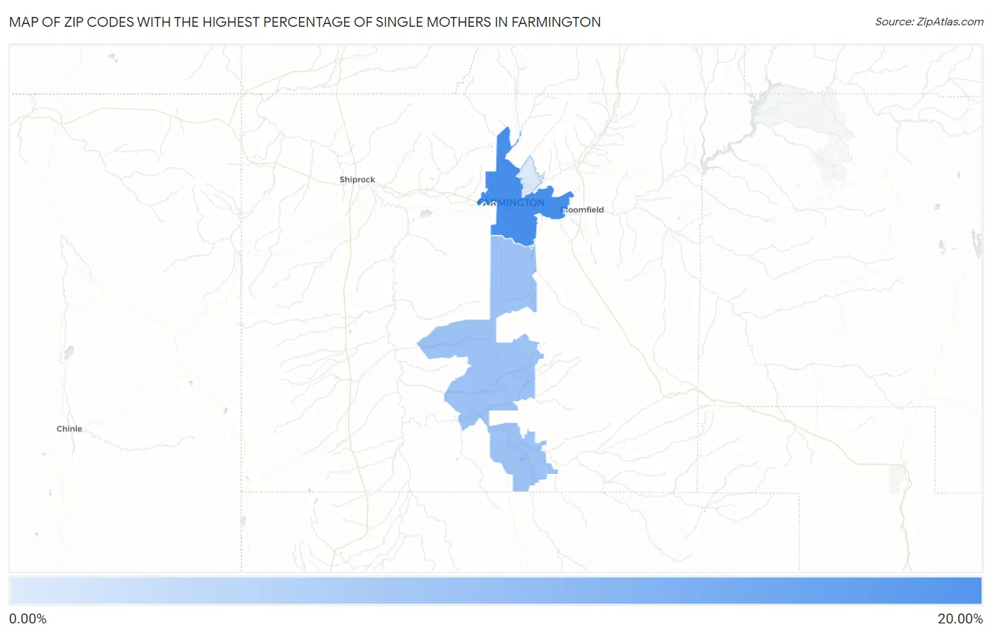 Zip Codes with the Highest Percentage of Single Mothers in Farmington Map