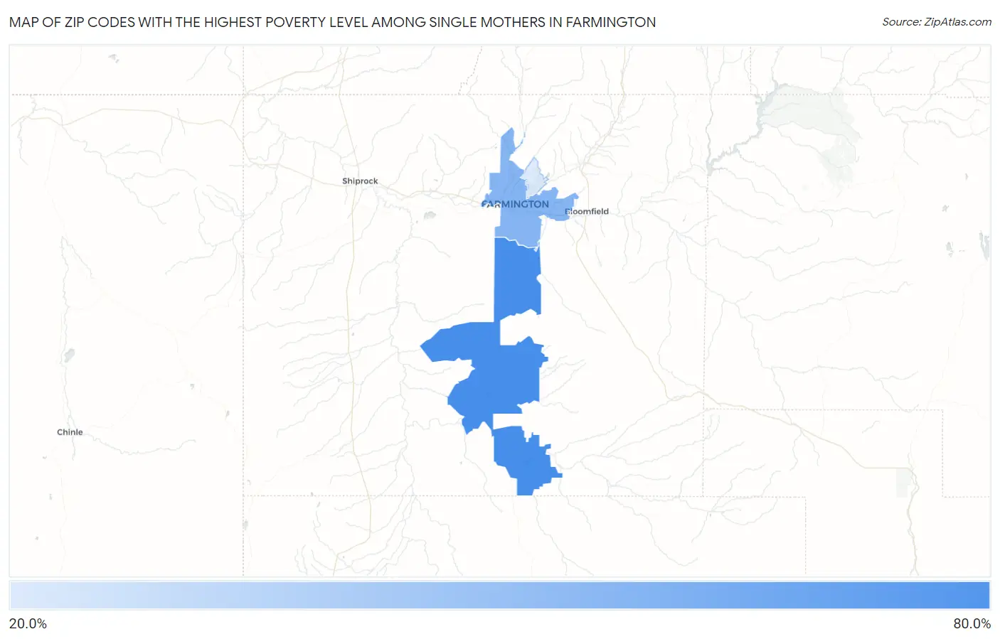 Zip Codes with the Highest Poverty Level Among Single Mothers in Farmington Map