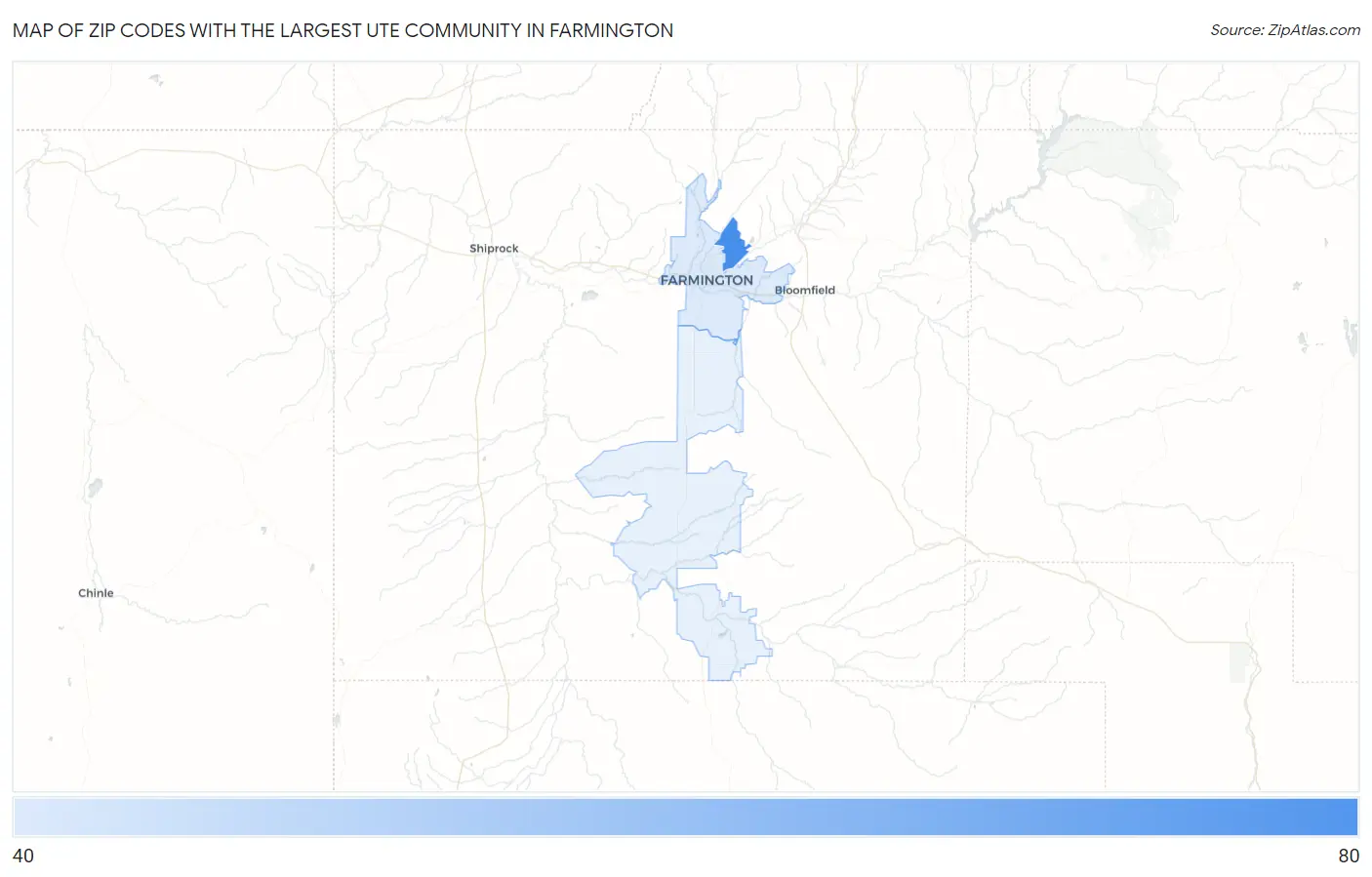 Zip Codes with the Largest Ute Community in Farmington Map